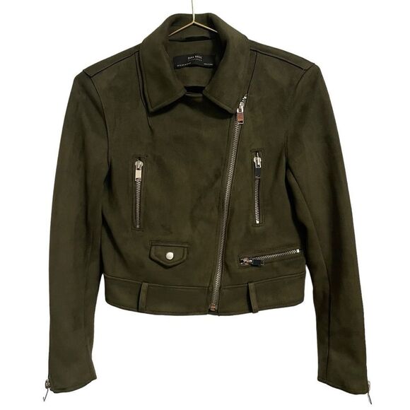 Zara Basic Outerwear Green Faux Suede Moto Jacket XS - Picture 1 of 7